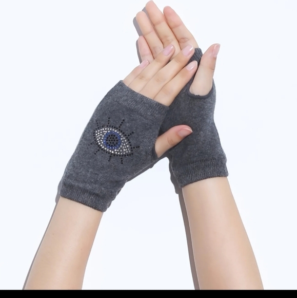 Evil Eye Fingerless Gloves Gray Grey Blue Silver Black Crystal Rhinestone Studs - Picture 3 of 8